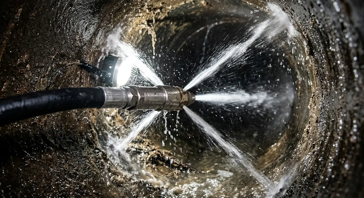 High-pressure hydro jetting nozzle cleaning sewer pipe for Trenchless Sewer Repair in Wilmer