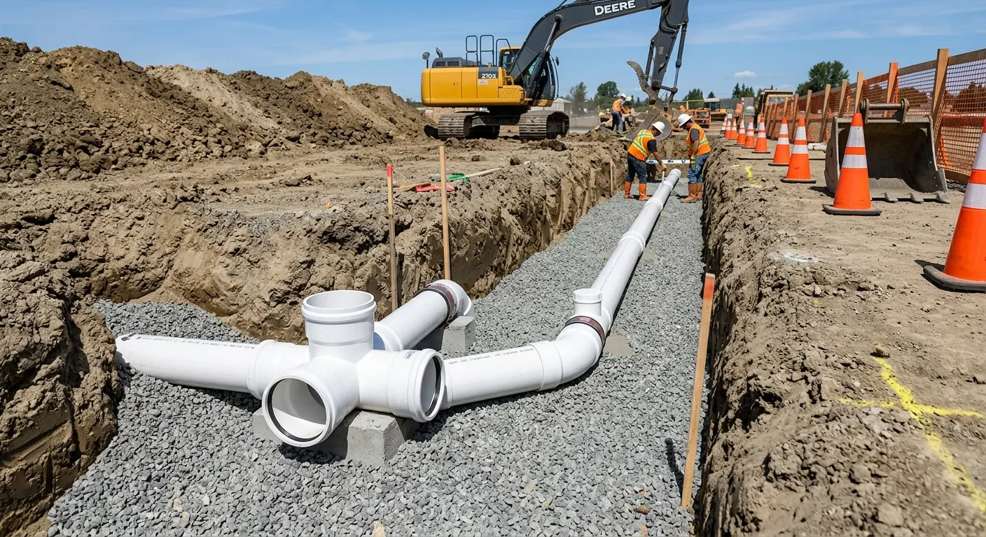 New PVC sewer pipe installation in open trench for Grease Trap Cleaning in Wilmer